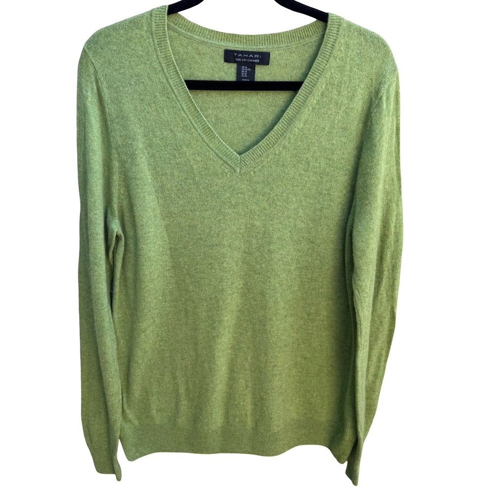 Tahari 100% 2-Ply Cashmere Quiet Luxury Old Money Pullover Knit Sweater Green XL